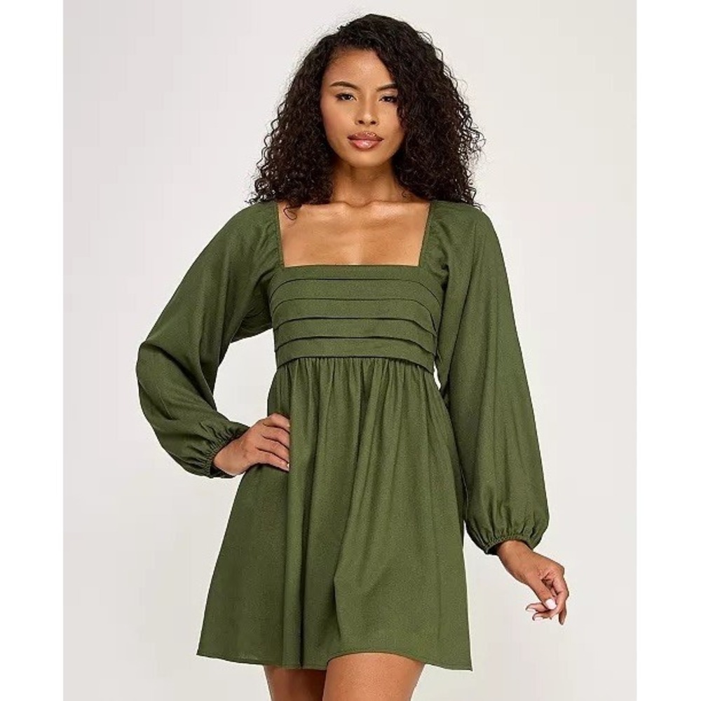 City Studios Women's Pleated Tie Back Long-Sleeve Baby Doll Dress Size Small NWT